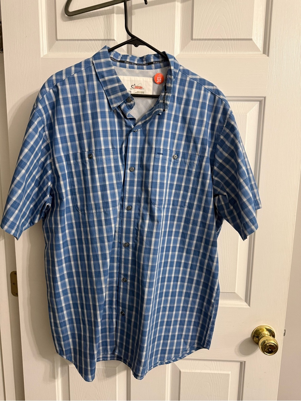 Bass Pro Shops Blue & White Plaid Short-Sleeve Button-Down XL new